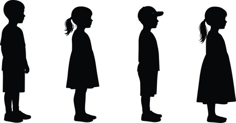 Silhouette of kids standing in side view, black vector illustration of boy and girl profiles for design, education, and art