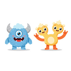 Cute funny baby monster cartoon with blue cyclops and two-headed monster
