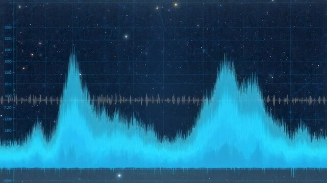 Visualization of sound waves with spectrum analyzer on starry sky backdrop motion
