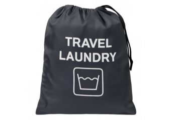 Drawstring bag for separating dirty clothes while traveling, featuring a laundry symbol and text, isolated on transparent background