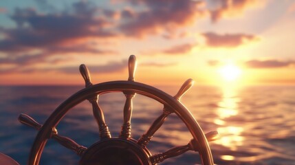 Sunset Ship Wheel Golden Hour Navigation, Seafaring, Voyage, Adventure, Leadership Seafaring, Voyage