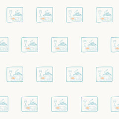 Seamless Mediterranean Food Textile Print Pattern. Travel Vacation Rest Theme. Summer Resort Fabric Swatch Doodle Line Hand Crafted Decoration. Simple Line Art Sketch Outline Drawing.