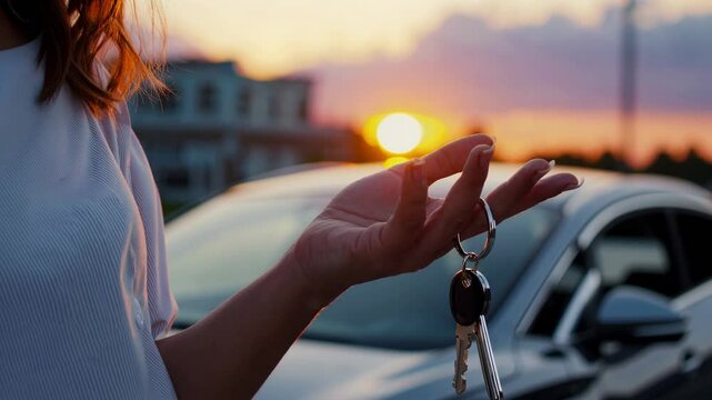 Saleswoman is holding car keys in front of a new car at sunset, symbolizing a successful purchase and the excitement of owning a new vehicle