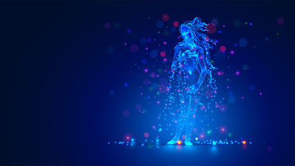 A Renaissance woman with flowing hair stands tall in the style of modern computer technology. Abstract figure of a woman consisting of glowing lights. Digital Art wallpaper with beautiful Venus.