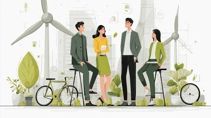 Group of Diverse People Standing Together in Front of Modern Wind Turbines Against Clear Blue Sky