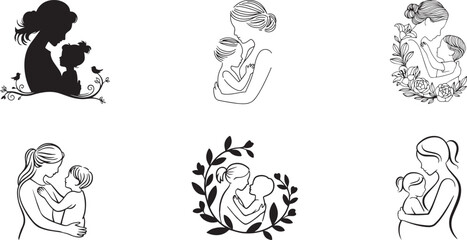 Mothers and children embrace line art illustrations. eps-10