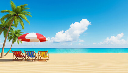 Obraz premium Tropical Beach with Palm Trees, Colorful Deck Chairs, and Umbrella under Blue Sky