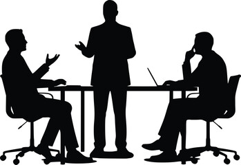 Silhouette illustration of three professionals in a meeting around a table with a laptop, discussing and collaborating

