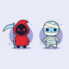 Cute little grim reaper and little mummy, flat design vector illustrations, a fun illustration for Halloween