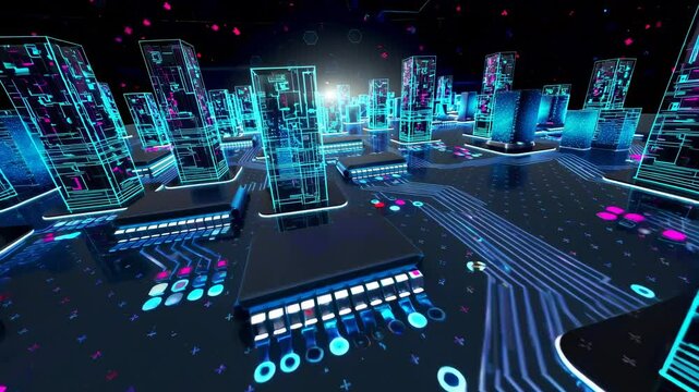 Glowing neon skyscrapers rising from a complex circuit board pattern, creating a futuristic cityscape at night, symbolizing the integration of technology and urban development