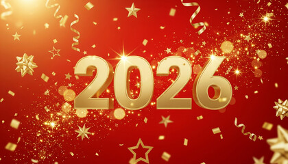 Happy New Year 2026 Gold Numbers with Sparkling Festive Red Background