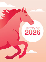 Red fire horse symbol of new year 2026 according to Asian Chinese calendar. Greeting card, banner. vector illustration