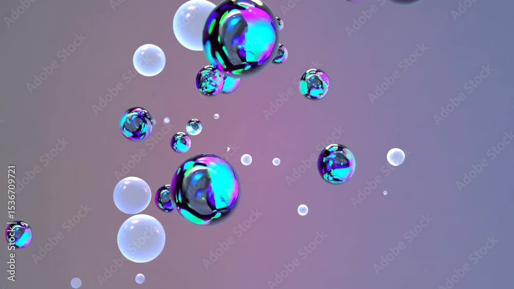 Poster multiple iridescent and white bubbles of different sizes are floating on a gradient background, crea