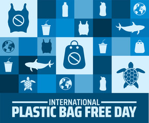 International Plastic Bag Free Day background or banner design. Blue Tiled Background with Icons of Earth, Marine Life, and Plastic Items for Environmental Awareness.