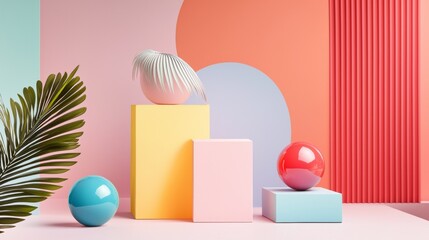 Fototapeta premium Creative geometric shapes and spheres with palm leaf in pastel abstract summer design concept scene