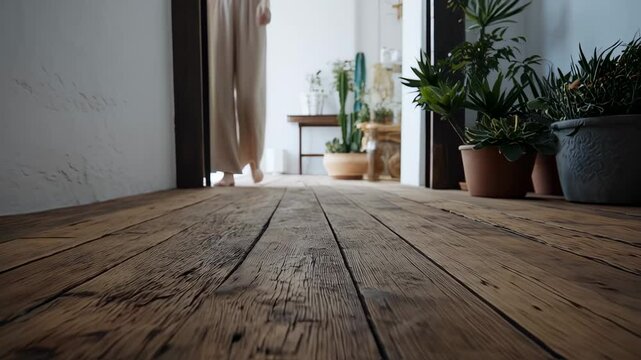 Rustic wooden floor design in a light interior with plant decor and soft light, clean