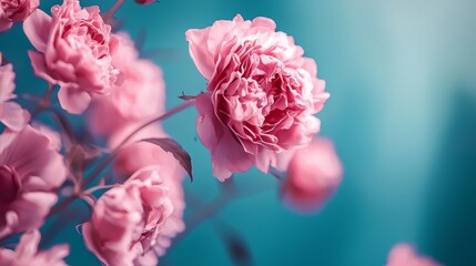 Fototapeta premium Pink cherry blossom flowers in dreamy blue background with artistic shallow depth of field scene