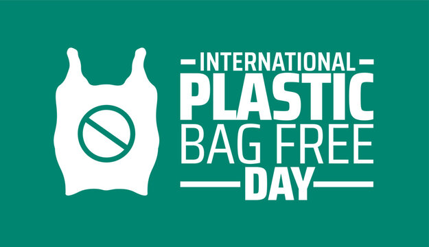 International Plastic Bag Free Day background or banner design. White Plastic Bag with Prohibition Sign on Green Background, Promoting Eco Friendly Solutions.
