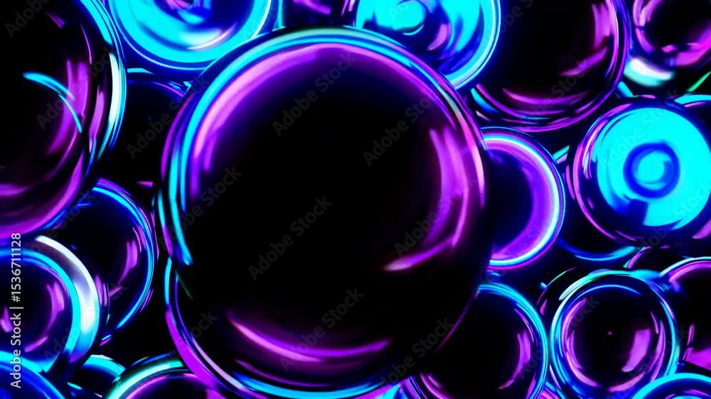Poster many neon spheres are overlapping and creating a vibrant and colorful abstract background with a mix