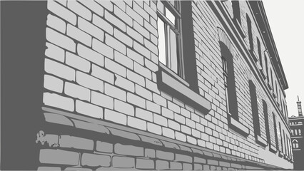 Grayscale image of brick wall, showcasing texture and architectural details