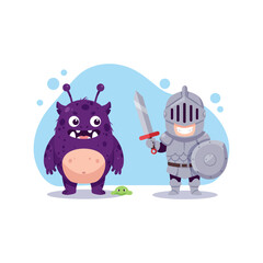 Funny cute little monster and a little knight, flat design vector illustrations