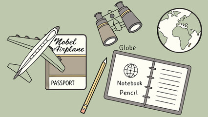 Flat lay image features model airplane, passport, globe, and binoculars, evoking travel