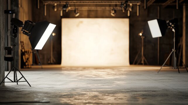 Professional photo studio with lighting equipment and backdrop for creative fashion shoot production scene