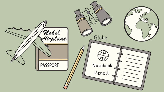 Flat lay image features model airplane, passport, globe, and binoculars, evoking travel