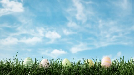 Colorful Easter Eggs Lying on Fresh Green Grass Under Blue Sky