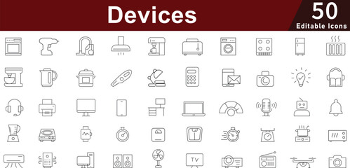 Electronic Devices Icon Set - 50 Editable Technology Gadget Icons for Smart Home, Mobile Apps and Digital Equipment Vector Pack