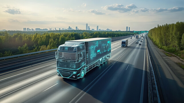 Autonomous Truck on Smart Highway. Futuristic depiction of an autonomous self-driving truck on a highway, symbolizing innovation in transportation and technology, with digital details of the vehicle.