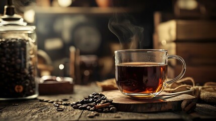 Cup of tea with coffee beans and cinnamon in cozy warm home kitchen breakfast scene