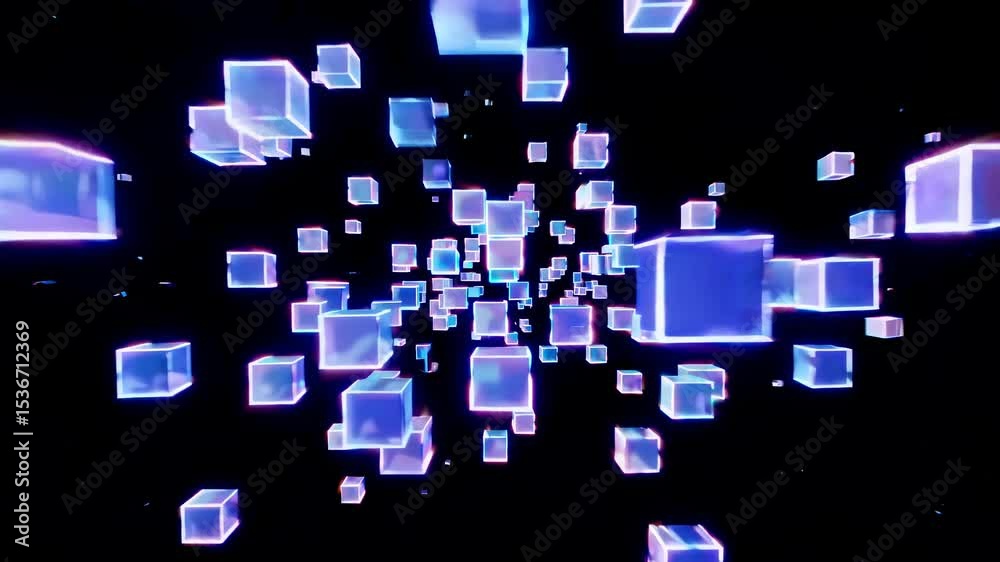 Poster numerous translucent cubes with glowing edges are floating and rotating against a dark background, c