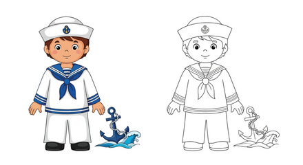Child Sailor Coloring Page with Colored and Outline Outfits Nautical Adventure Theme
