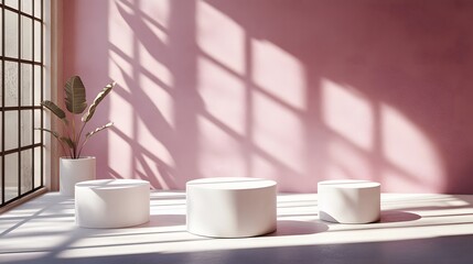 Minimalist Pink Room Three White Cylinders Product Display