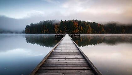 Naklejka premium Misty Autumn Pier Serene Lake Landscape Photography