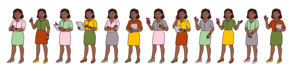 Set of full-length illustrations of dark-skinned businesswomen in office skirts and blouses using devices, holding coffee, gesturing, and smiling. Modern cartoon vector characters on white background