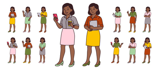 Fototapeta premium Set of full-length illustrations of dark-skinned businesswomen in office skirts and blouses using devices, holding coffee, gesturing, and smiling. Modern cartoon vector characters on white background