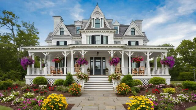 Victorian style house with a white porch and flower baskets under a cloudy sky in the daytime. Beautiful victorian home front view. White house with flower garden. Classic home with porch and trees