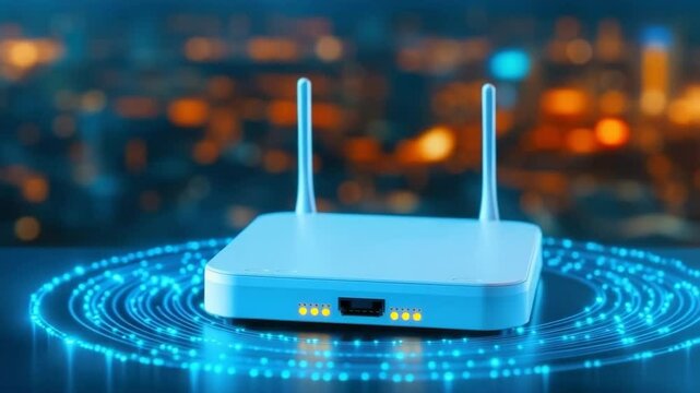 Wireless router with two antennas on digital blue network background symbolizing internet connectivity and modern communication technology with glowing signal and wireless network effects