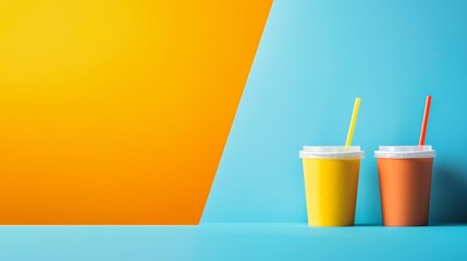 Two colorful drinks with straws on yellow and blue background for summer refreshment beverage scene