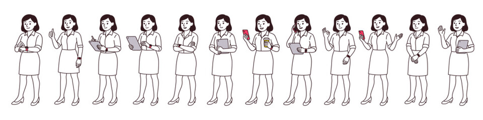 Hand-drawn set of office women in professional skirts using gadgets. Diverse character poses in clean line art style. Perfect for business illustrations and UI concepts on white background