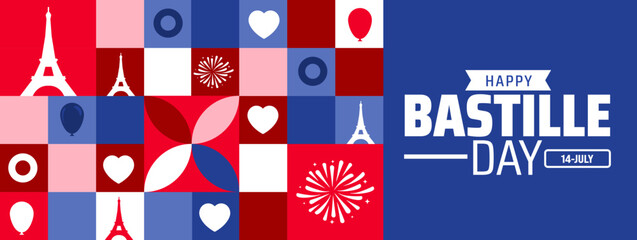 Happy Bastille Day background or banner design. French Flag Colors with Eiffel Towers, Hearts, Balloons, and Fireworks in a Dynamic Tiled Pattern.