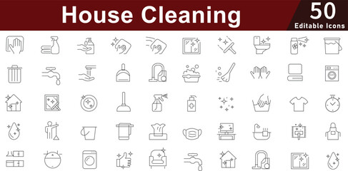 Fototapeta premium House Cleaning Service Icon Set - 50 Editable Housekeeping Icons for Domestic Cleaning, Laundry and Home Maintenance Vector Collection
