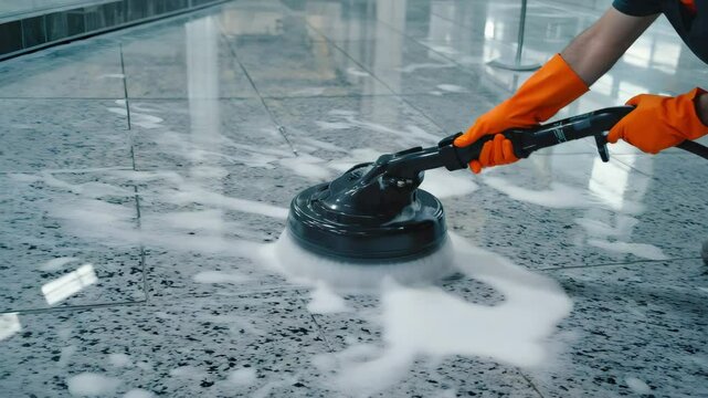 Person cleaning a speckled tile floor with a machine and orange gloves in a bright space. Floor cleaning with scrubber machine. Worker polishing a tiled floor. Industrial cleaning in progress