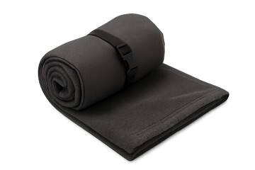 Soft gray fleece blanket neatly rolled, secured by black strap, providing cozy warmth against chilly background