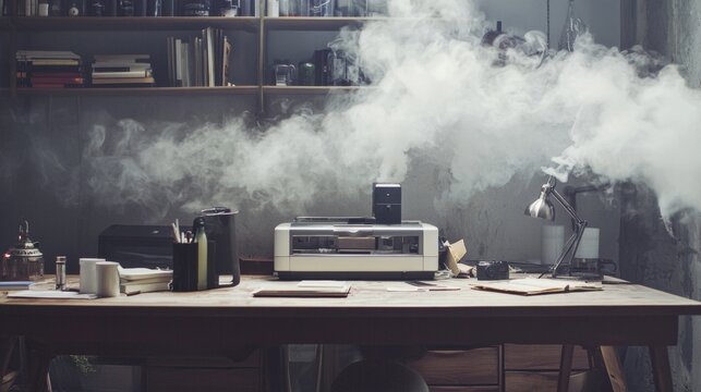 Vintage office with smoke and old printer for retro technology workspace nostalgic business scene