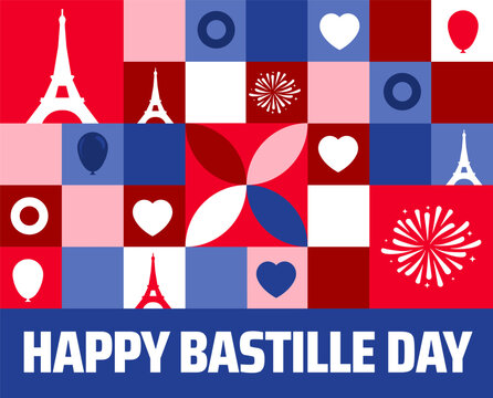 Happy Bastille Day background or banner design. French Flag Colors with Eiffel Towers, Hearts, Balloons, and Fireworks in a Dynamic Tiled Pattern.