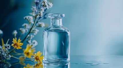 Obraz premium Glass bottle with spring flowers and water on blue background for natural wellness beauty spa scene