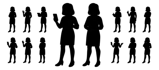 Silhouettes of professional business women in dresses using mobile devices and tablets. Modern corporate characters in various poses. Black vector illustration shapes isolated on white background 